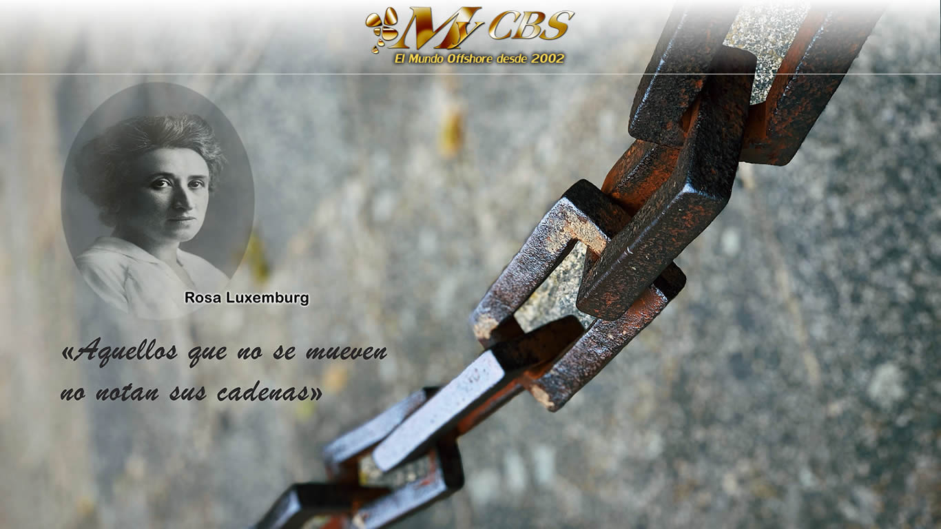 Ilustración de una cadena y una fotografía de Rosa Luxemburg con una cita suya: “Aquellos que no se mueven no notan sus cadenas”