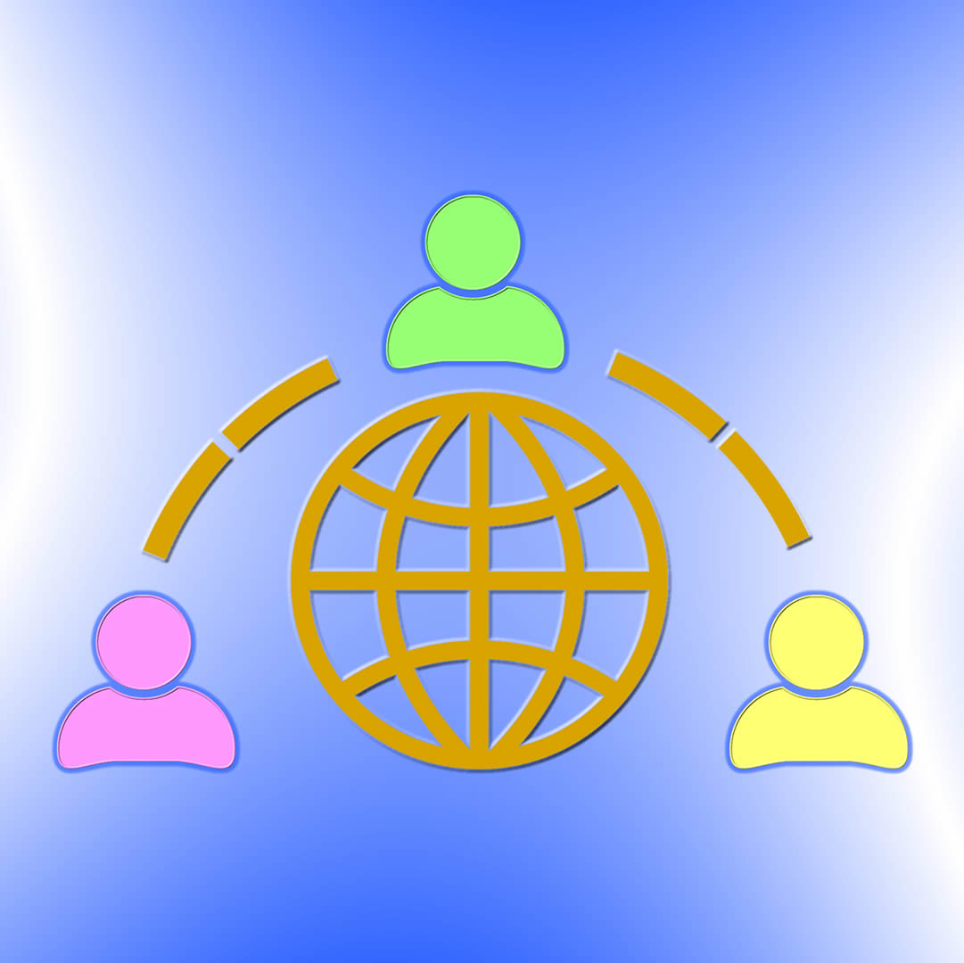 Imagen que representa al mundo y a tres personas alrededor