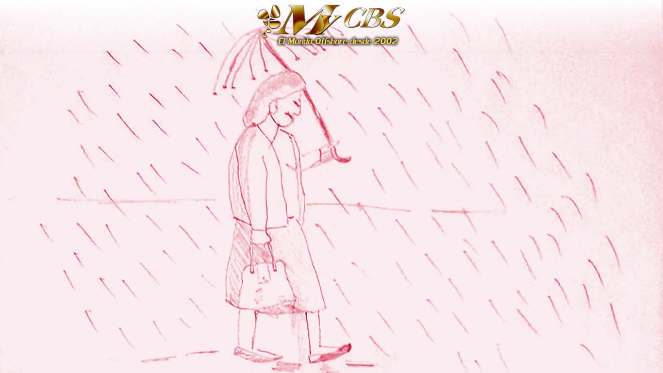Mujer caminando bajo la lluvia con un paraguas roto