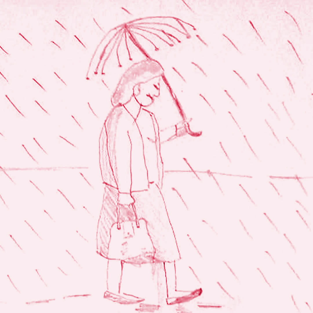 Mujer caminando bajo la lluvia con un paraguas roto