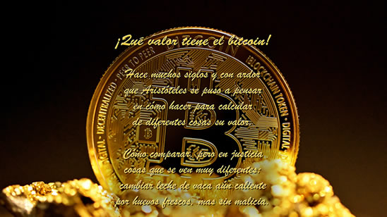 Imagen con los dos primeros versos del poema 'Una intro al bitcoin (poema)' sobre una moneda física que representa al bitcoin y pedazos de oro