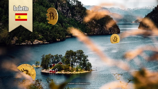 Paisaje noruego y monedas de bitcoin