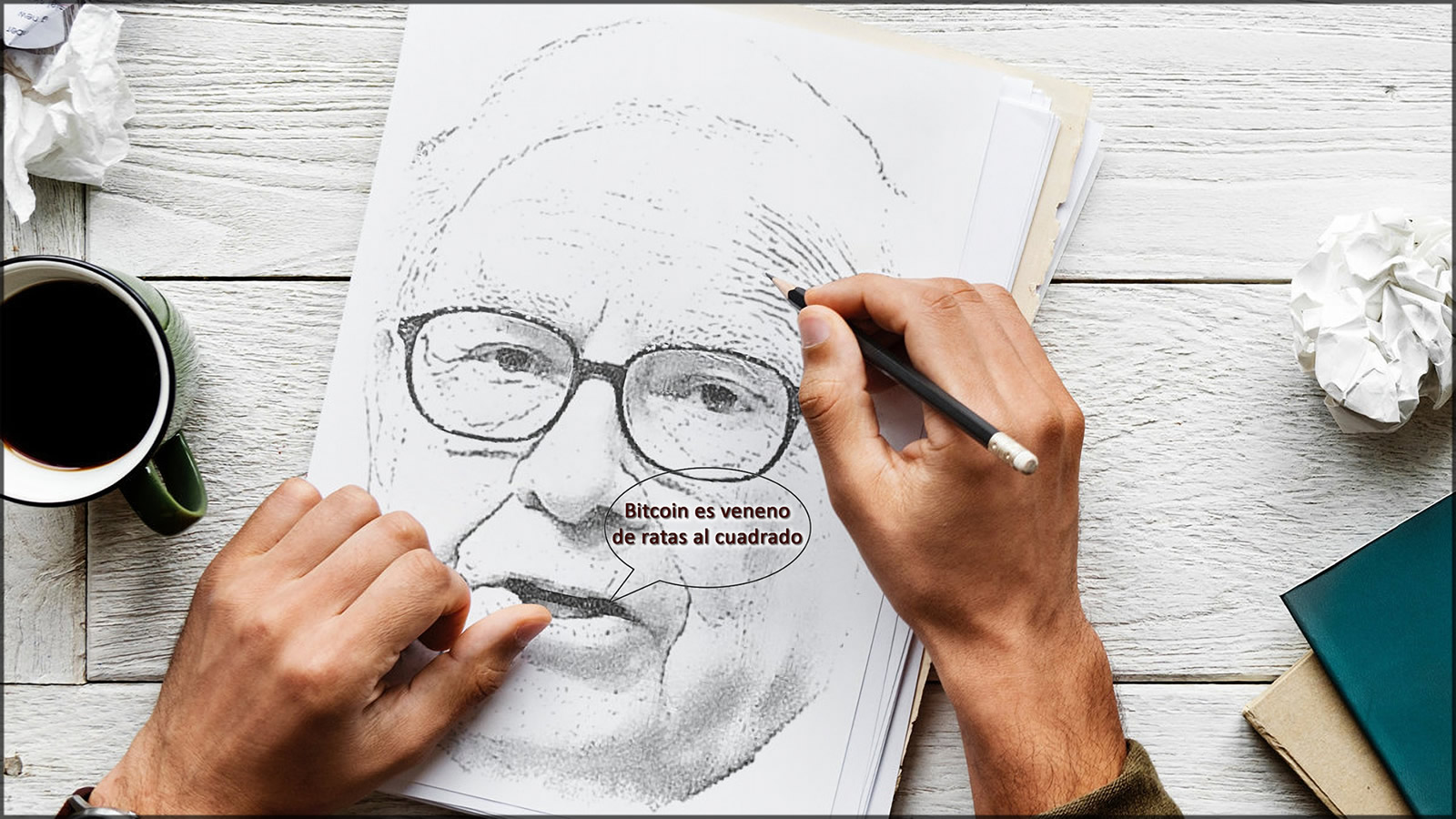 Dibujo de Warren Buffett diciendo "Bitcoin es veneno de ratas"