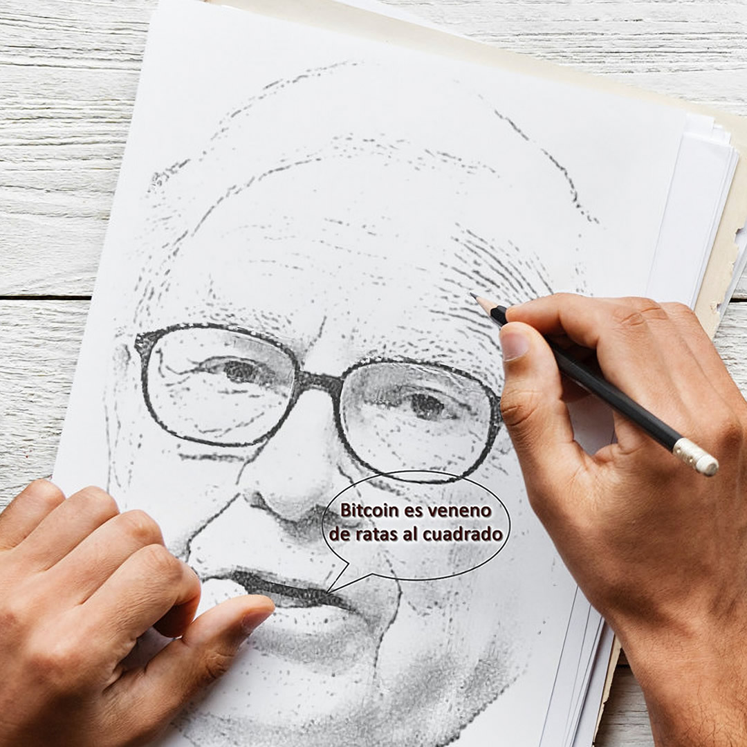 Dibujo de Warren Buffett diciendo "Bitcoin es veneno de ratas"