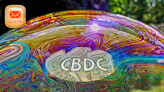 Imagen de una esfera a colores con la palabra 'CBDC' en el medio y un fondo de lingotes de oro