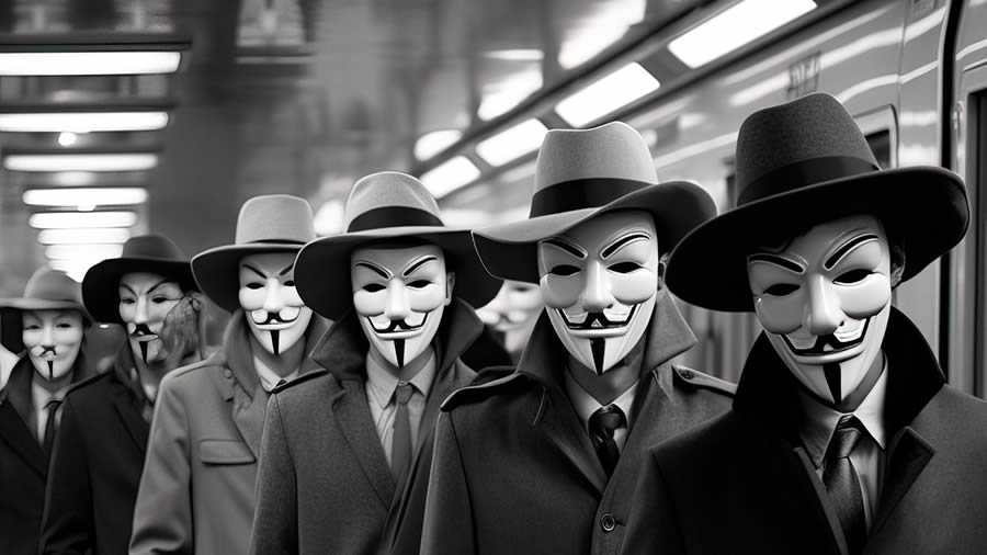 Grupo de hombres con máscaras anónimas