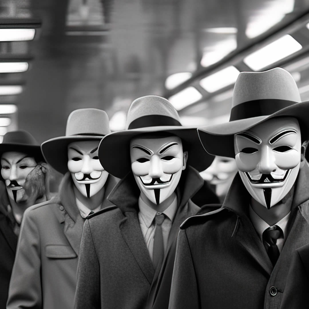 Grupo de hombres con máscaras anónimas