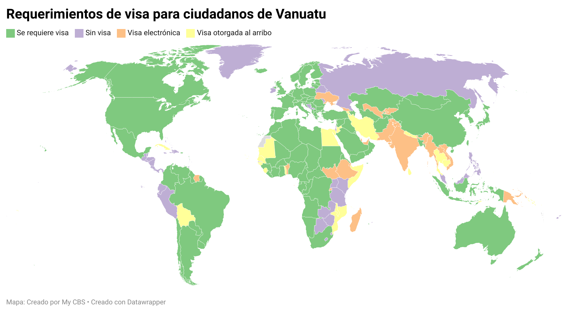 Mapa mundi mostrando los requerimientos de visa de cada uno para los ciudadanos de Vanautu