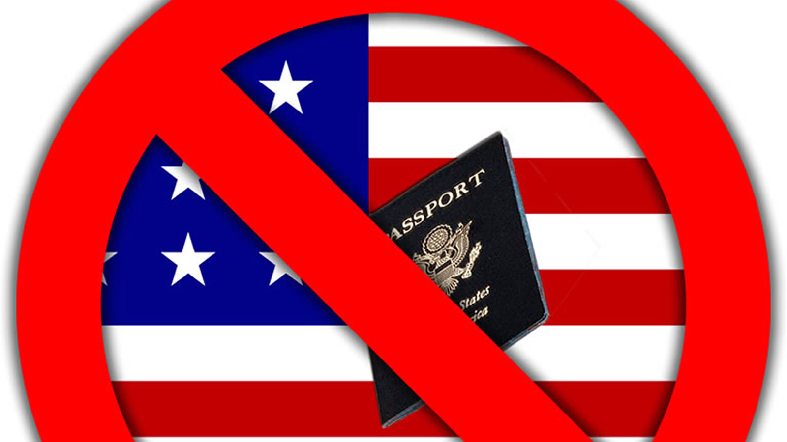 Pasaporte estadounidense sobre una bandera del mismo país y debajo de un símbolo de 'No pasar'