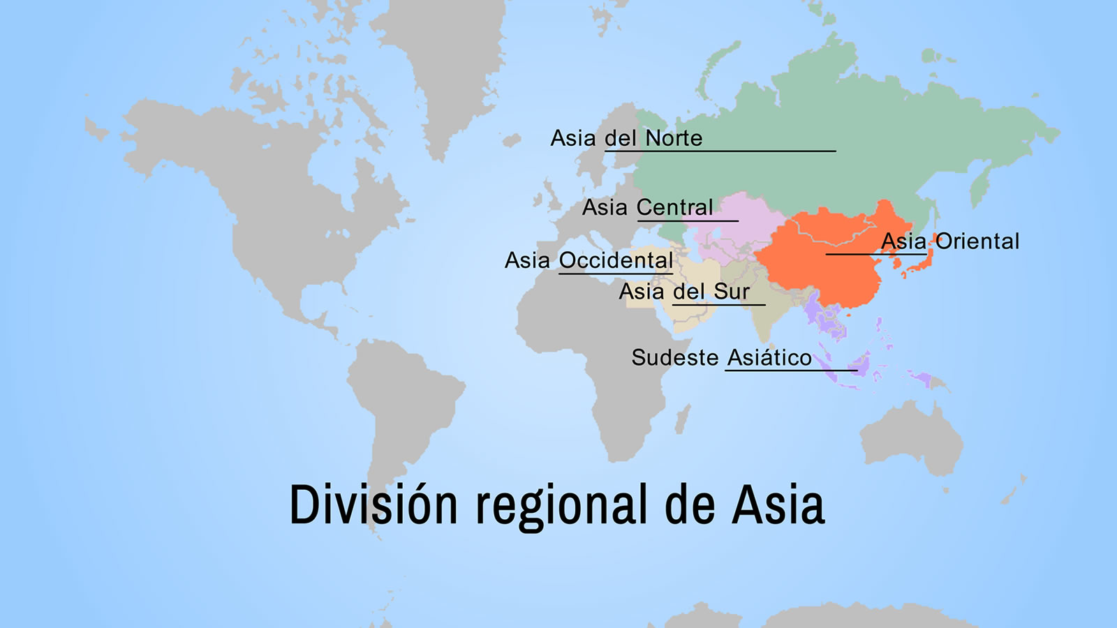 Mapa que muestra las 6 regiones en las que se divide Asia