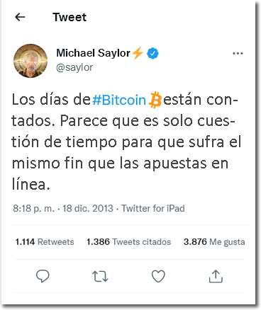 Tweet de Michael Saylor en el que indica que los días de Bitcoin están contados