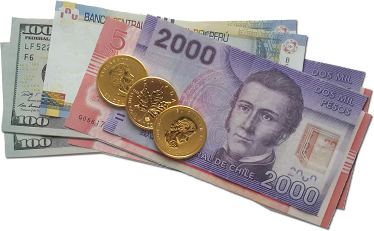 Billetes y monedas de oro