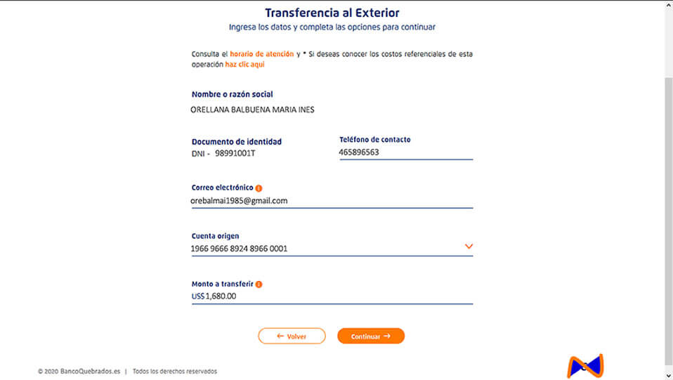 Interfaz bancaria al hacer una transferencia Internacional