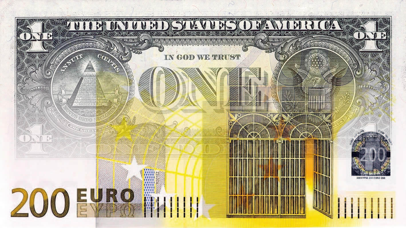 Billete de dolar difuminándose en uno de euro