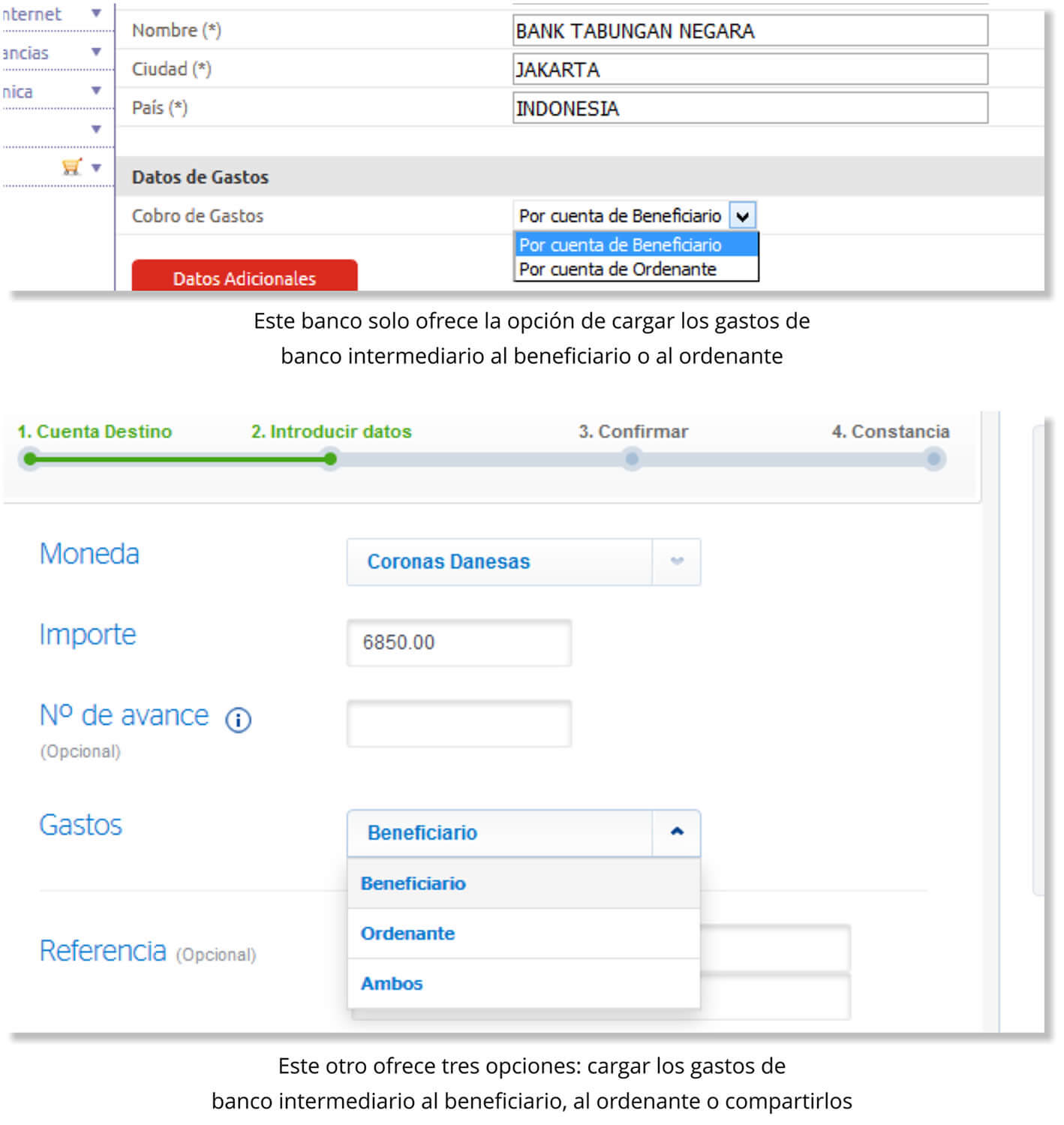 Interfaces bancarias mostrando las opciones de cargo de las comisiones bancarias por una transferencia bancaria internacional