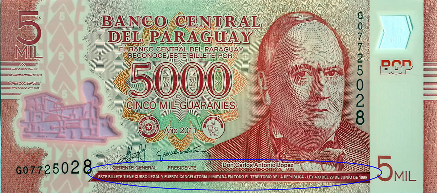 Billete paraguayo que indica que es de curso legal