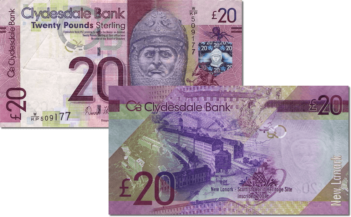 Ambas caras de un billete de 20 libras esterlinas emitido por Escocia