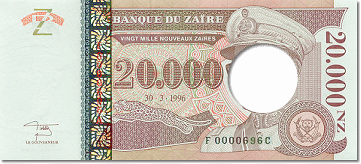 billete de Zaire con la imagen de Mobutu perforada